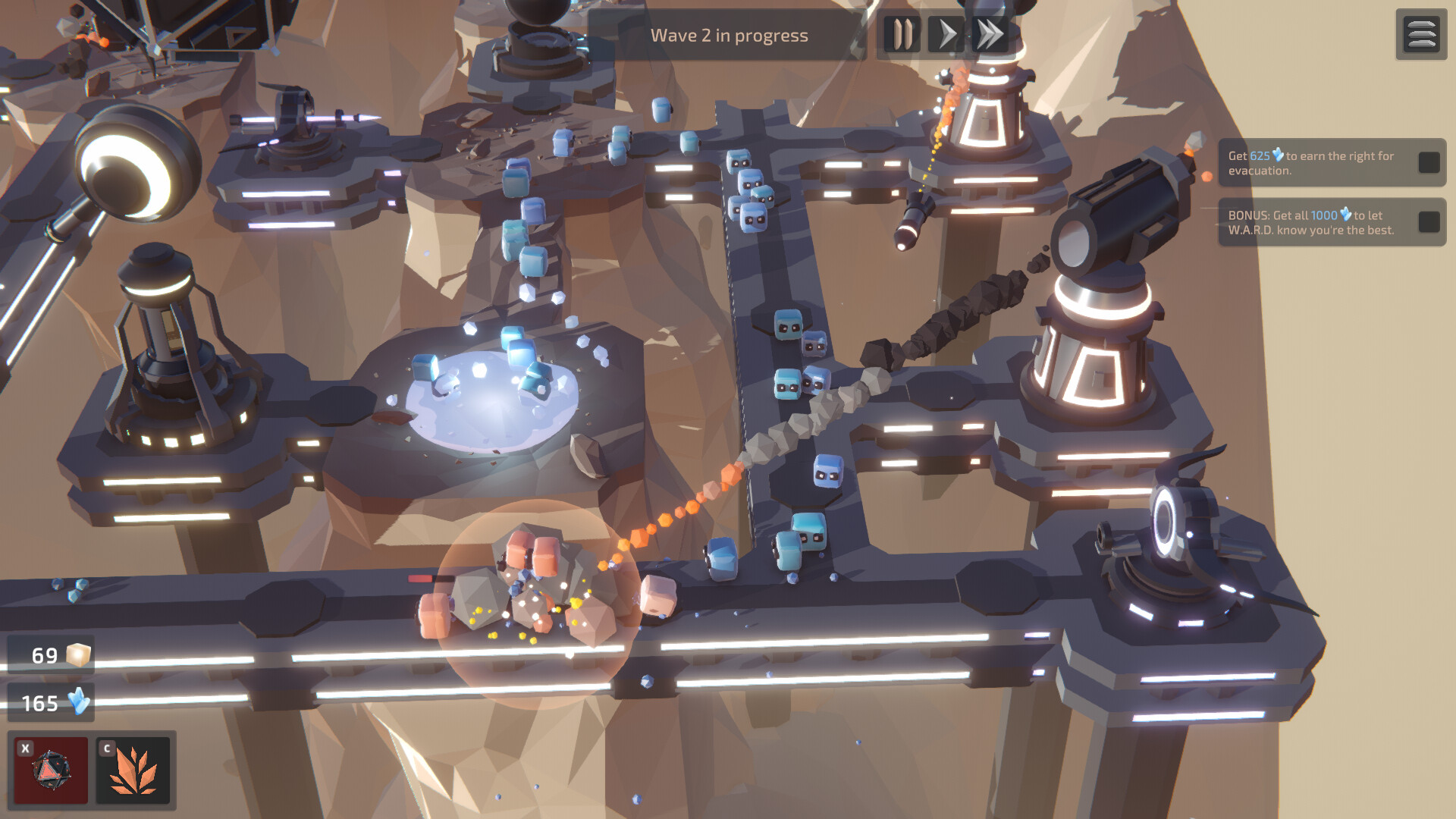 W.A.R.D. gameplay screenshot showing enemies and defensive towers