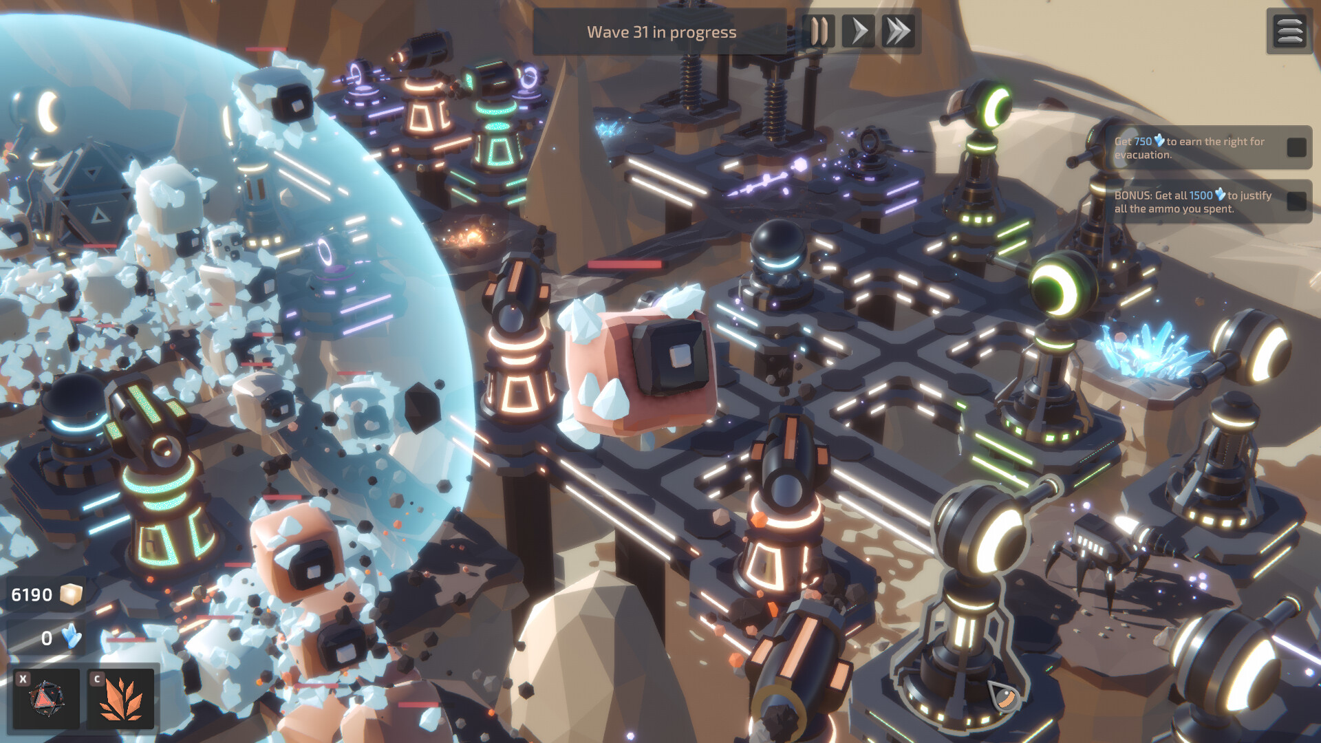 W.A.R.D. gameplay screenshot showing late-wave tower defense combat